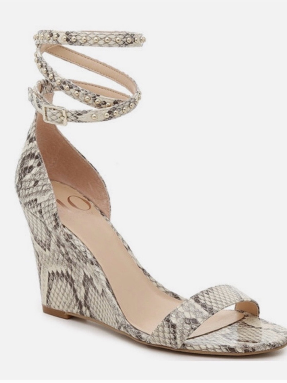 Studded Snake-Print Ankle-Wrap Wedge Sandal in Neutral Snake